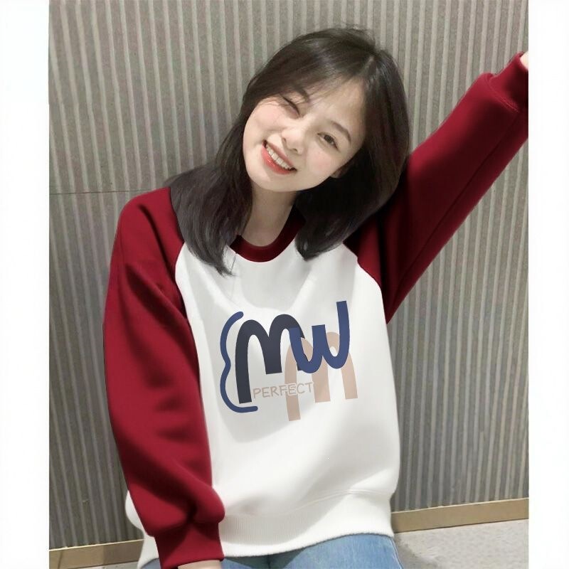 New round-neck color-blocked raglan sleeve sweatshirt for women, short and loose design, pullover top with print pERF New round-neck color-blocked raglan sleeve sweatshirt for women, short and loose design, pullover top with print pERF