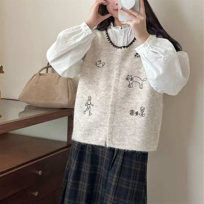 韩系卡通刺绣无袖针织马甲背心女秋冬新款减龄显瘦叠穿马夹上衣女|undefined