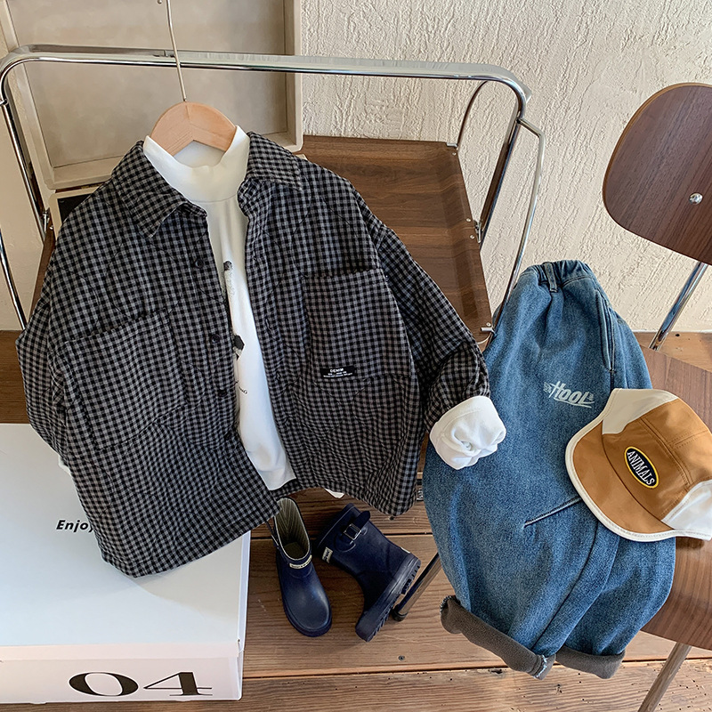 Baodua ropa para niños camisa acolchada para niños Otoño e Invierno 2023 nueva ropa de invierno para niños camisa a cuadros engrosada moda