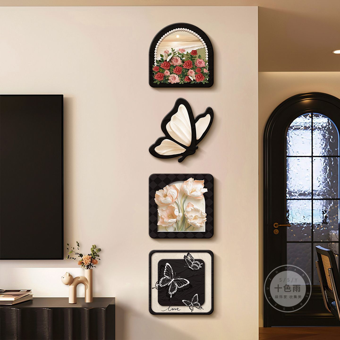 French Retro Style Living Room Decorative Painting Butterfly Rose Tv Background Wall Hanging Painting Antique Style Entrance Hall Mural