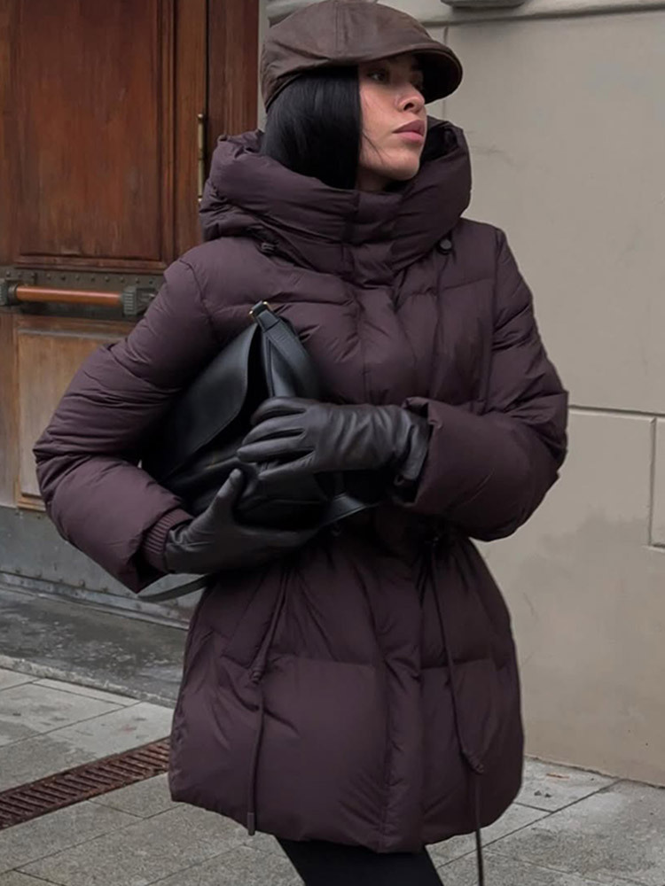 Casual estilo cálido color sólido encapuchado mangas largas abrigo de algodón de cintura retractable 2025 otoño y invierno nuevo estilo transfronterizo de Europa y Estados Unidos