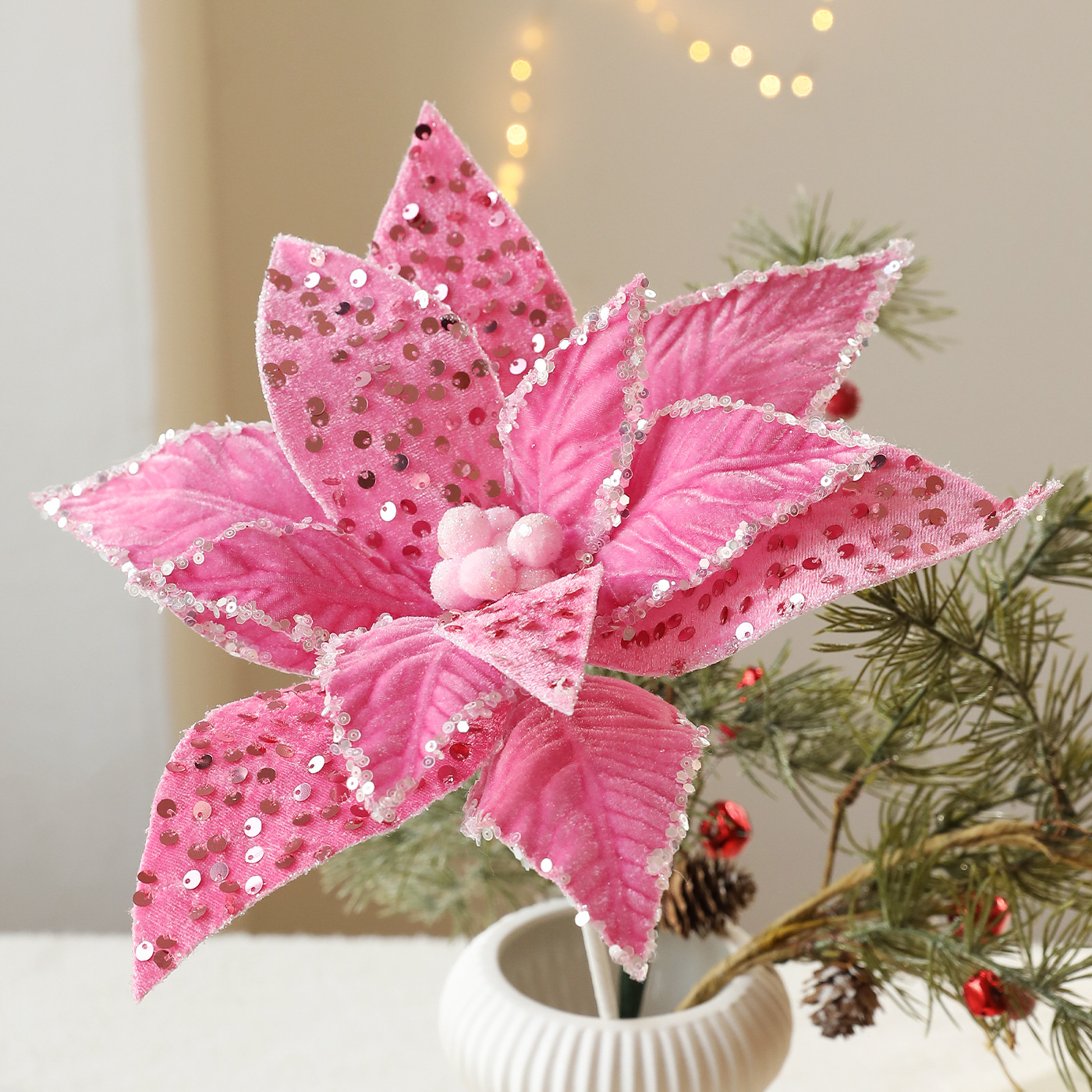 Flores de Navidad de champán rosa decoración de Navidad árbol de Navidad de alta calidad tela de polvo de pegamento flor flor de malla de imitación flores