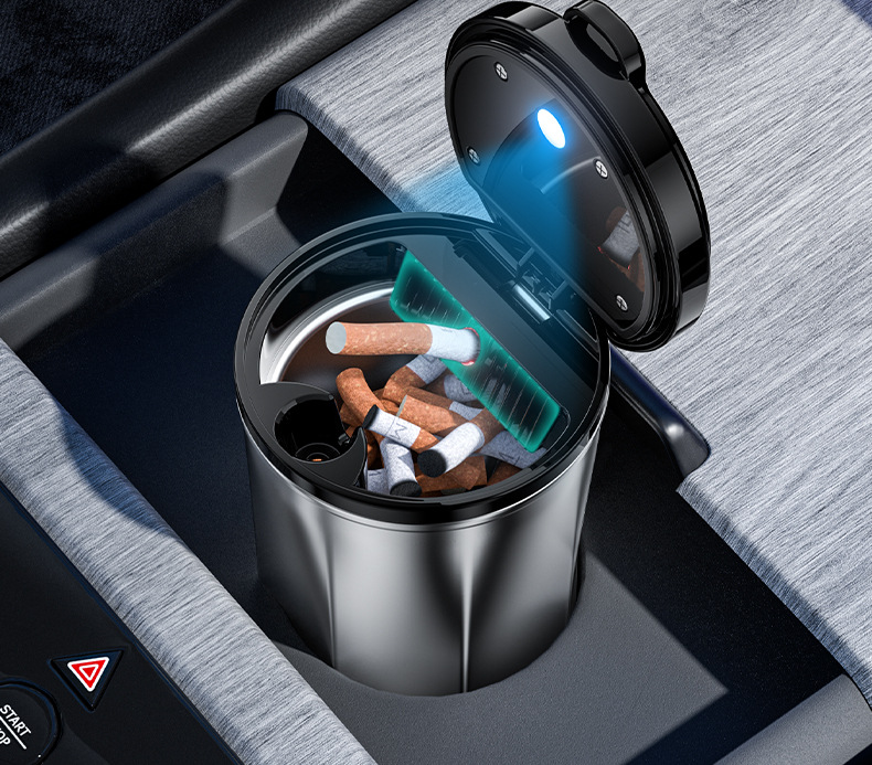 Cross-border car ashtray with light car one-button open lid luminous alloy car ashtray coffee cup liner