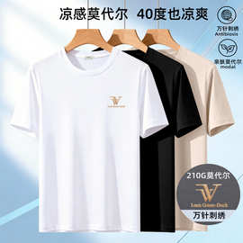 夏季莫代尔速干透气短袖t恤男士2026刺绣新款黑色上衣夏装潮现货