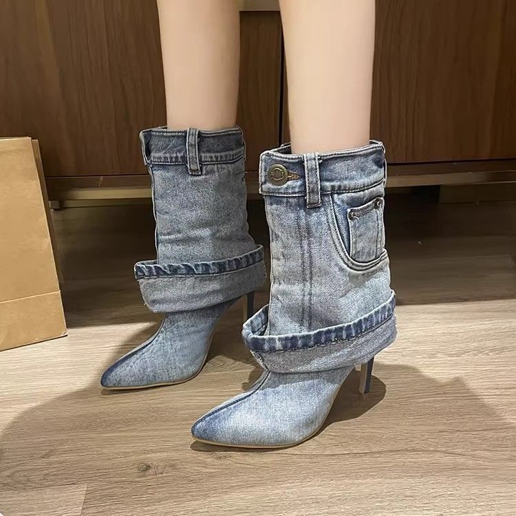 2025 Fashion Hot Style Autumn and Winter New Pointed Toe High-Heeled Fashion Boots Washed Denim Short Pleated Trouser High Heels