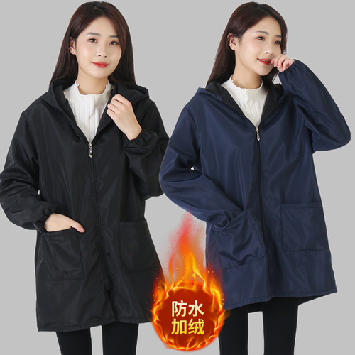 Winter Fleece-Lined Coverall Work Jacket Waterproof Coverall Fleece-Lined Unisex Thick Stain-Proof Oil-Proof Kitchen Apron Long Sleeve