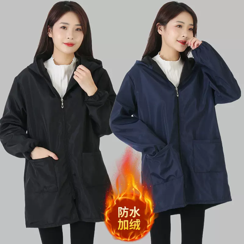 冬天加绒罩衣工作服防水罩衣加绒男女加厚防污防油厨房围裙长袖