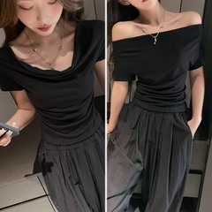 设计感荡领短袖T恤女2025新款夏季女装修身显瘦辣妹露肩短款上衣