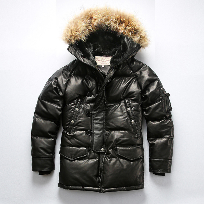 Men's mid-length genuine leather down jacket, factory direct supply, casual hooded sheepskin down jacket