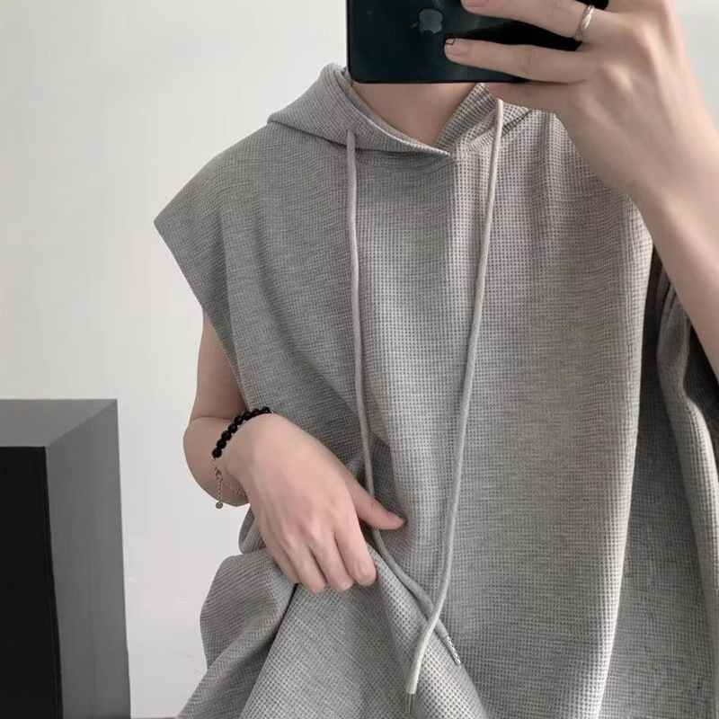 Waffles Sleeveless Hooded Sweater American Fashion Brand oversize High Street Basketball Sports Vest Short Sleeve T-shirt for Men Waffles Sleeveless Hooded Sweater American Fashion Brand oversize High Street Basketball Sports Vest Short Sleeve T-shirt for Men