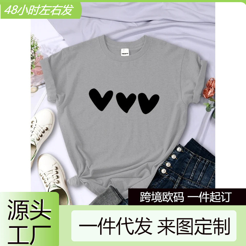[Cross-Border European Code] Black Heart Printed Women's T-Shirt Personalized Street Short Sleeve Full Mathematics Soft T-Shirt Clothing Casual Breathable Women