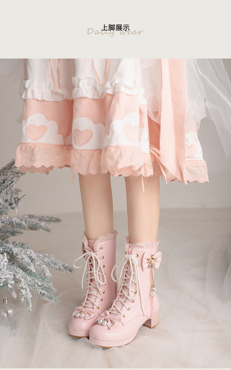 Female Bow Thick Heeled Short Boots Lolita Shoes