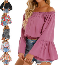 跨境欧美女装亚马逊春秋款圆领一字肩纯色印花长袖雪纺衬衫