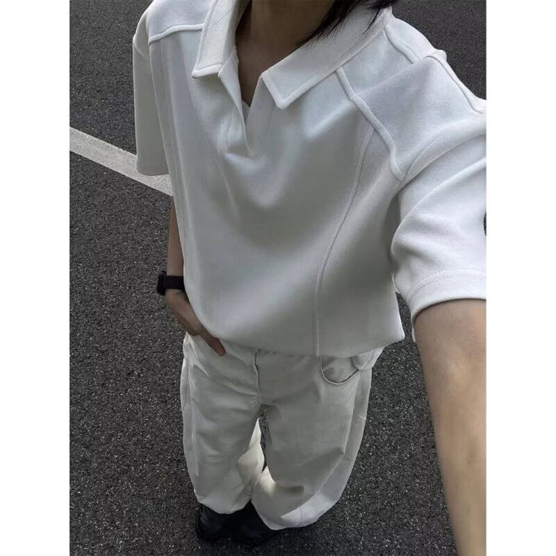 Summer V-Neck Short-Sleeve Polo Shirt, Unisex, Heavyweight American-Style, Wide-Shoulder Silhouette, Boxy Fit, Regular Shoulder, Half-Sleeve Summer V-Neck Short-Sleeve Polo Shirt, Unisex, Heavyweight American-Style, Wide-Shoulder Silhouette, Boxy Fit, Regular Shoulder, Half-Sleeve