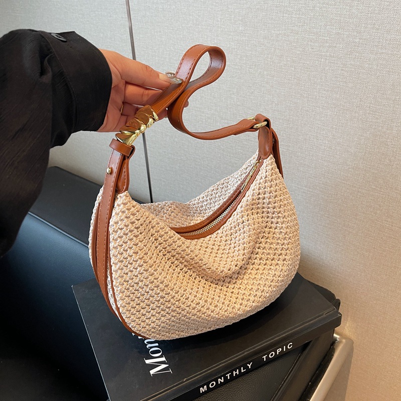 [New Arrival] Straw Woven Crescent Bag Fashion Single Shoulder Crossbody Bag Ethnic Korean Style Beach Vacation Trendy Women's Bag