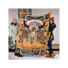 法兰绒美洲原住民牛骨羽毛印第安人民族特色印花毛毯沙发办公盖毯