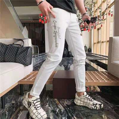 summer Thin section man badge Embroidery Jeans Korean Edition letter Hot stamping Elastic force Self cultivation Feet white trousers