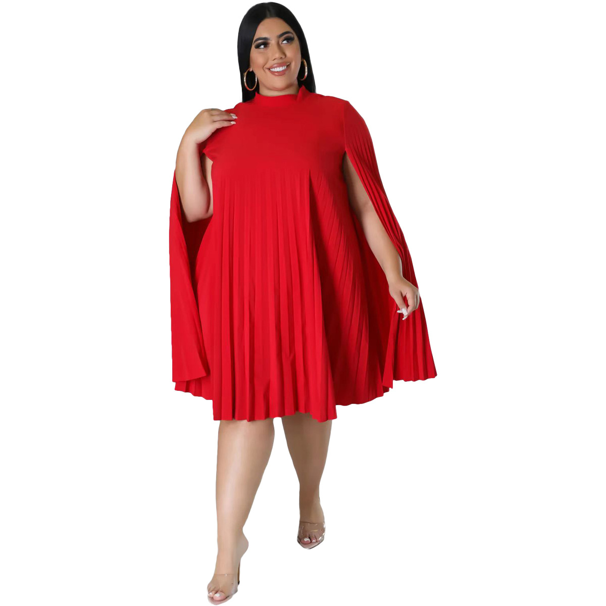 Fashion Solid Color Round Neck Long Sleeve Patchwork Polyester Plus Size Knee-Length Pleated Skirt