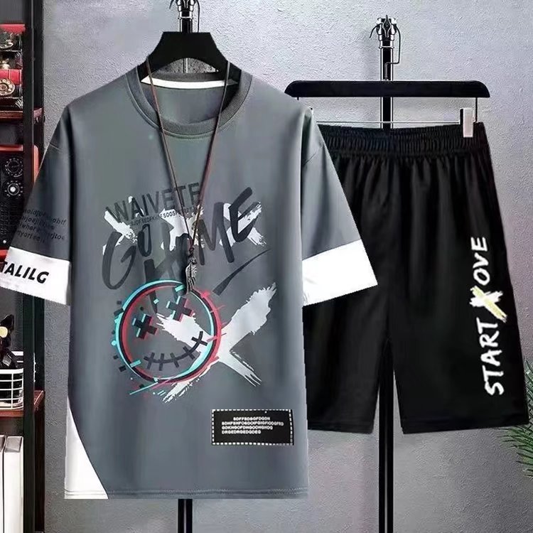 Men's Korean Style Short Sleeve Street Fashion Set Shan Shao Apparel Graffiti Inspired Five Sleeve Top With Shorts Black Gray White Casual Basic Fit_voghion.com