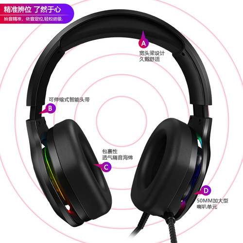 RGB电竞降噪耳机 跨境挂脖式K歌7.1吃鸡耳麦 有线游戏头戴式耳机