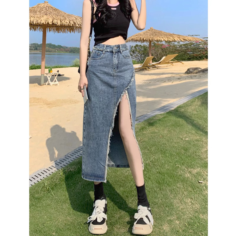 Spring and summer new high-waisted slim irregular slit denim skirt retro fur edge design A-line midi skirt