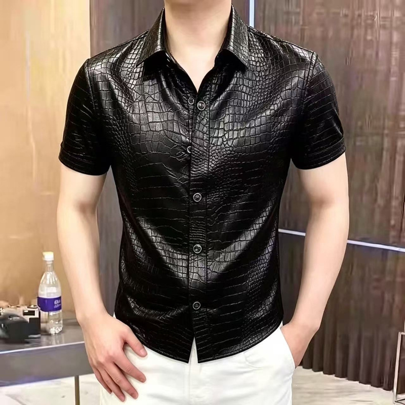 Summer Fashion Light Luxury Casual Stylish Crocodile Short-Sleeve Shirt for Men, New High-End Trendy Versatile Turn-Down Collar Thin Style