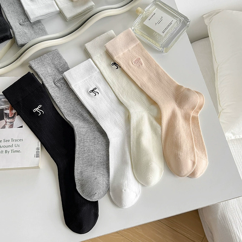 Summer breathable thin Japanese brand socks with bow, mid-length, with embroidery, Korean style