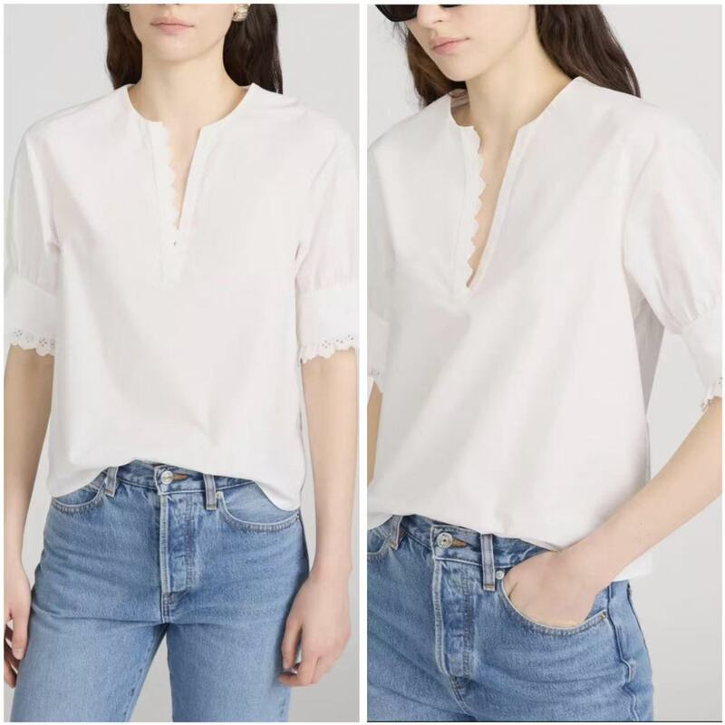Fr/Me Simple White Commuter Versatile Lace Short-Sleeve Shirt for Women, Relaxed V-Neck Casual Top T-Shirt for Summer
