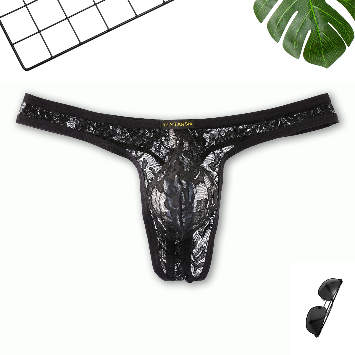 Spot New Sexy Men's Underwear Mid-Waist Lace Cut Out Thong T-Pants Gay Intimates Cross-Border Wholesale