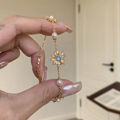 S925 スターリングシルバーデイジーブレスレットひまわり女性の小さな新鮮なパールニッチライト高級ハイエンドの小さな香りのブレスレット
