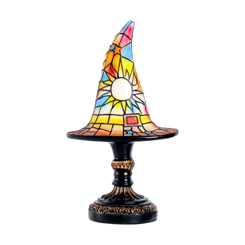 跨境新款Stained Glass Witch Hat Lamp 女巫帽灯床头柜夜灯|undefined
