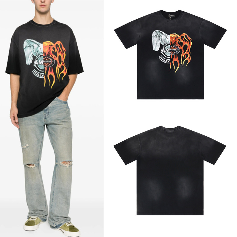 26 High-Quality Cross-Border Fashion Brand Short-Sleeve Amiri T-Shirt with Printed Wash Effect, American-Style Heavyweight Pure Cotton for Men and Women