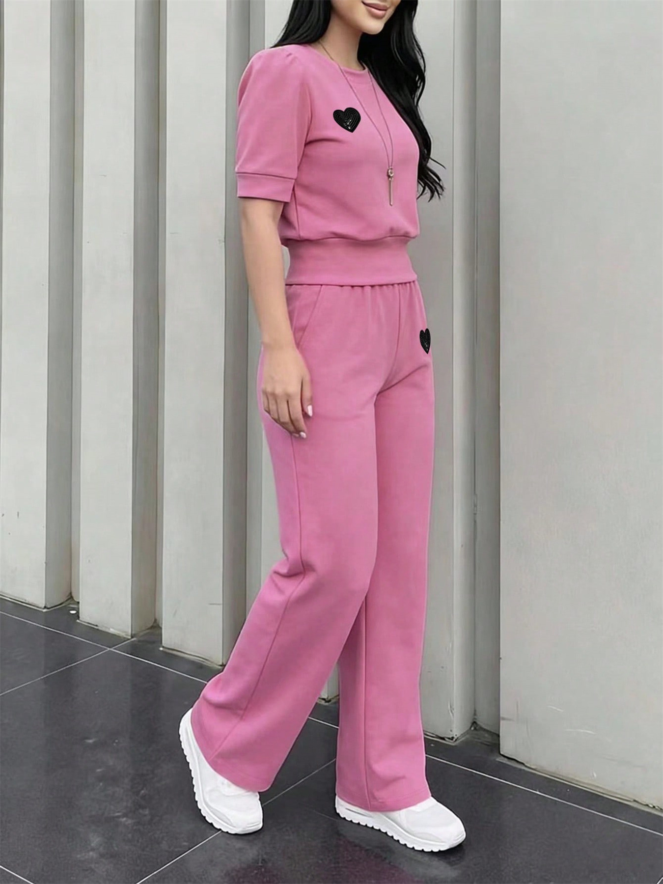 Women's Casual Suit Solid Color Heart Embroidered Puff Sleeve Top with Pocket Wide Leg Pants Spring/Summer Fashion_ecoleips.com