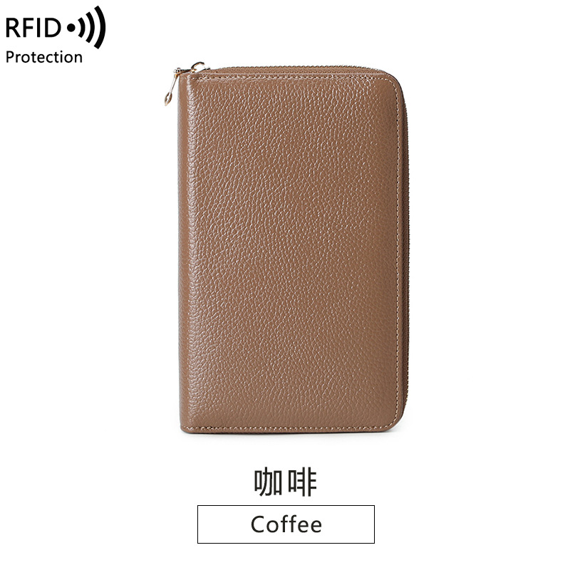 Primera capa de piel de vaca órgano pasaporte bolsa RFID larga Cartera de cuero genuino hombres y mujeres bolsa de identificación multifuncional cremallera teléfono móvil bolsa
