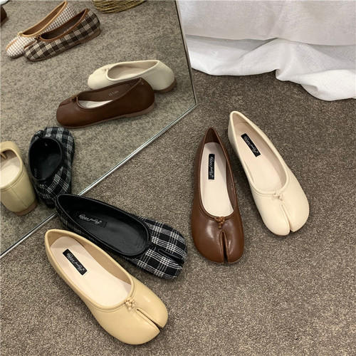 Women's 2024 New Summer Toe Split Cowhide Shoes, Toe Lazy Horseshoe Flat Sole Single Shoes Autumn Shoes