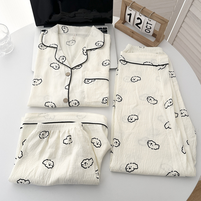 Japanese-Style Puppy Pajamas for Women, Summer Short-Sleeve Cloud Pure Cotton Gauze Student Loose Home Wear Three-Piece Set for Spring and Summer