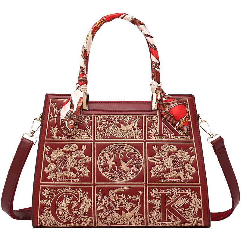 Bolso bordado estilo chino bolso de la mujer de gran capacidad bolso de la madre elegante bordado estilo étnico bolso de la boda Rojo