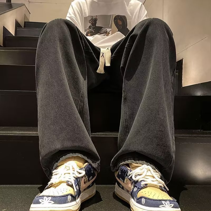 Retro jeans hombres Otoño e Invierno recta suelta marca de moda pierna ancha American High Street versátil casual pantalones largos nuevo