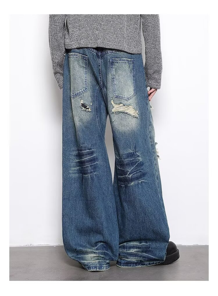 Men's High-End Retro Distressed Ripped Camouflage Patchwork Wide Leg Jeans Loose Fit Floor Length Pants_mkmklike.com
