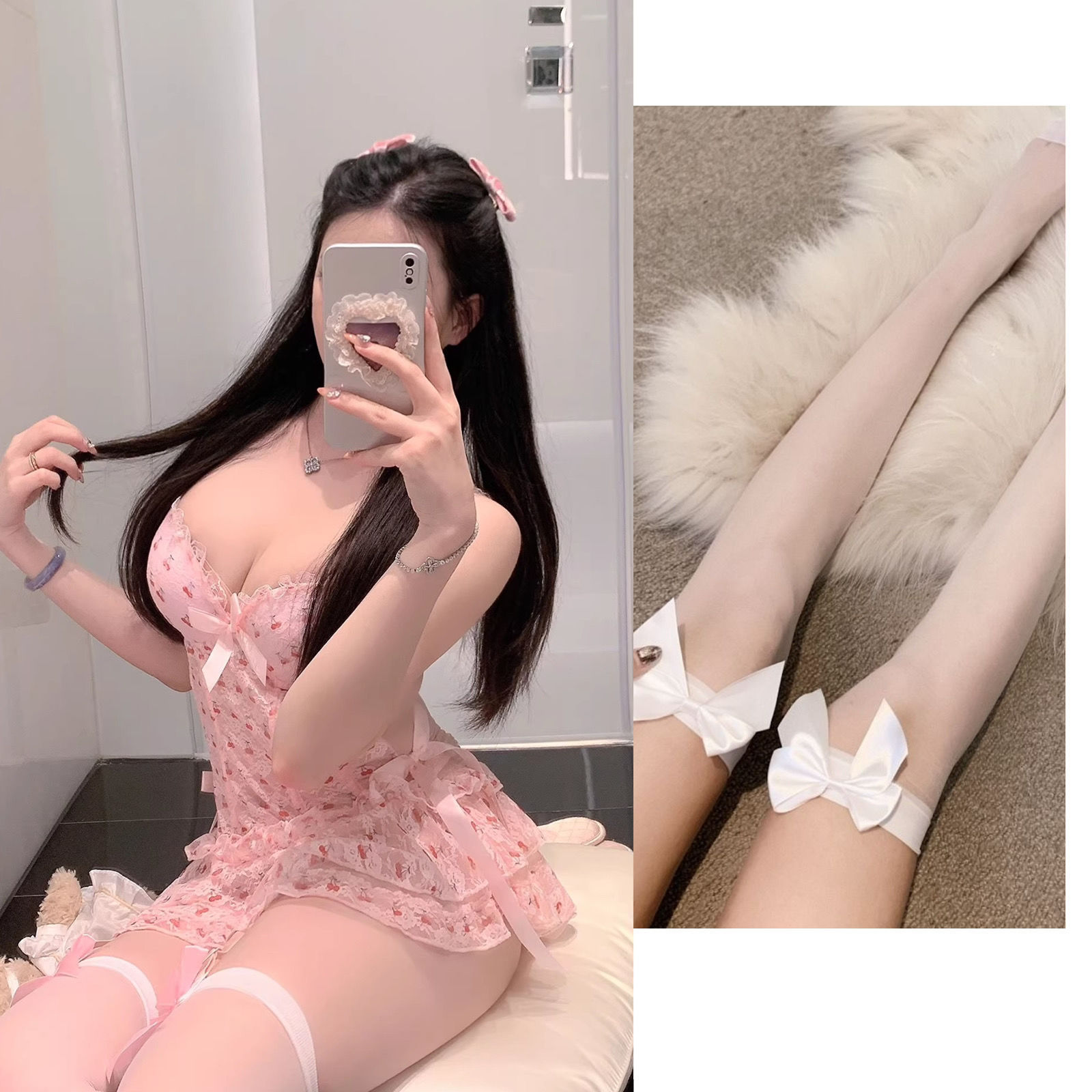 핑크 [보정속옷+속옷+가터단추+흰색매듭양말]