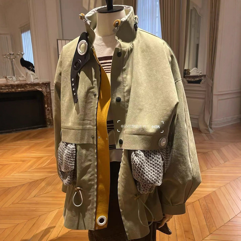 Celebrity Style Drawstring Loose Crochet Pocket Trench Coat Jacket for Women 2025 New Workwear Jacket Top