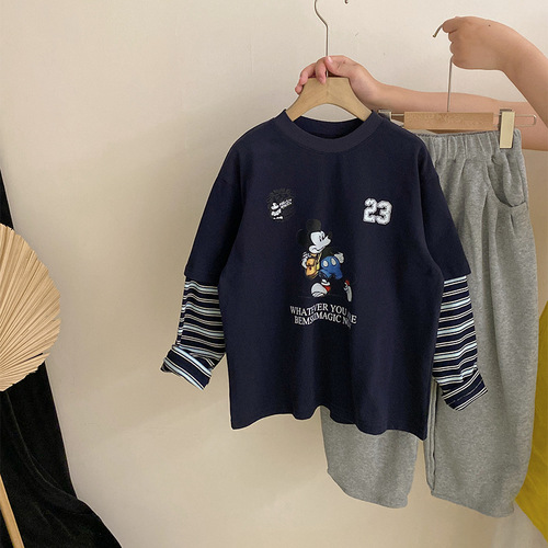 Korean-style girls' printed cartoon patchwork striped top 2025 solid color versatile ankle-cuffed casual sweatpants two-piece set trendy