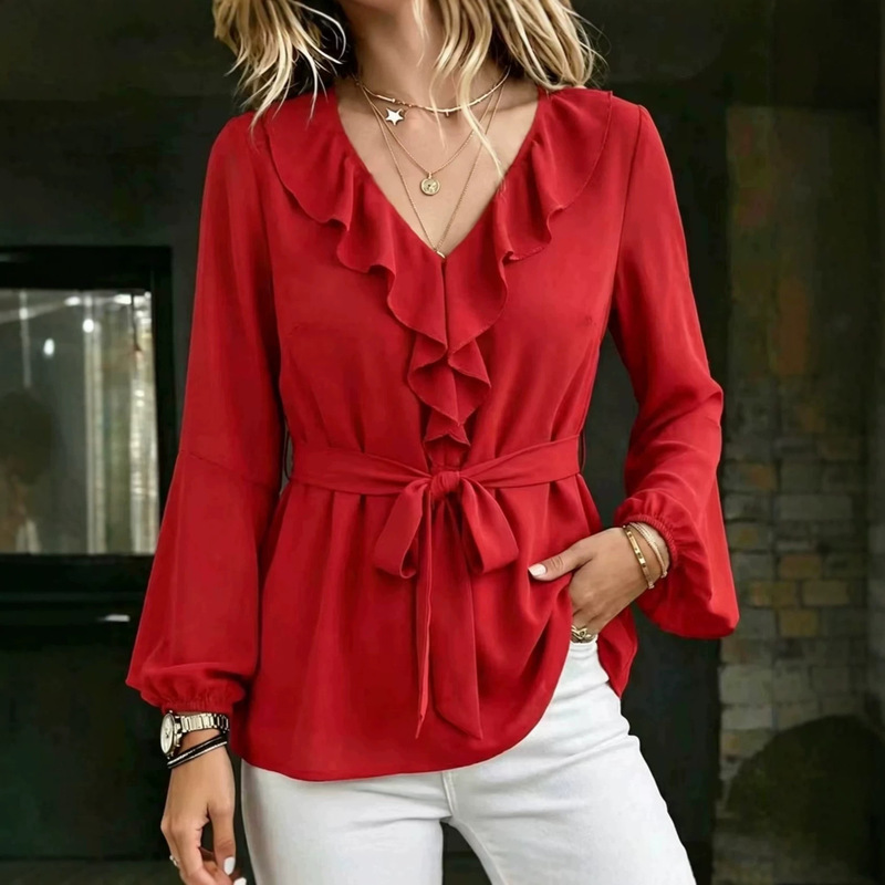 2026 Amazon European and American cross-border elegant waist-cinching long-sleeve shirt with V-neck and double-layer ruffle collar design top 2026 Amazon European and American cross-border elegant waist-cinching long-sleeve shirt with V-neck and double-layer ruffle collar design top