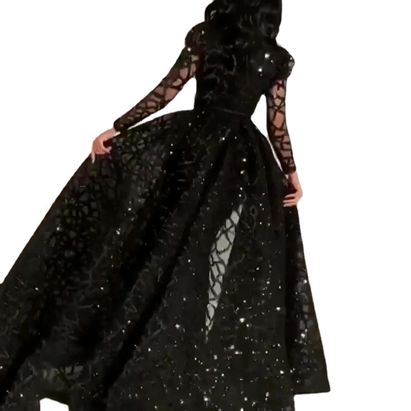 Vestido de Mujer Estilo Europeo y Americano 2025 para Comercio Exterior, Vestido Largo con Mangas Largas y Puntos Dorados para Amazon, Vestido, Traje