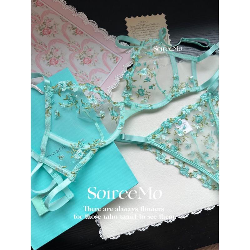 Verano super hermoso bordado dulce sexy malla sujetador conjunto de flores frescas de la niña pura ropa interior de la mujer