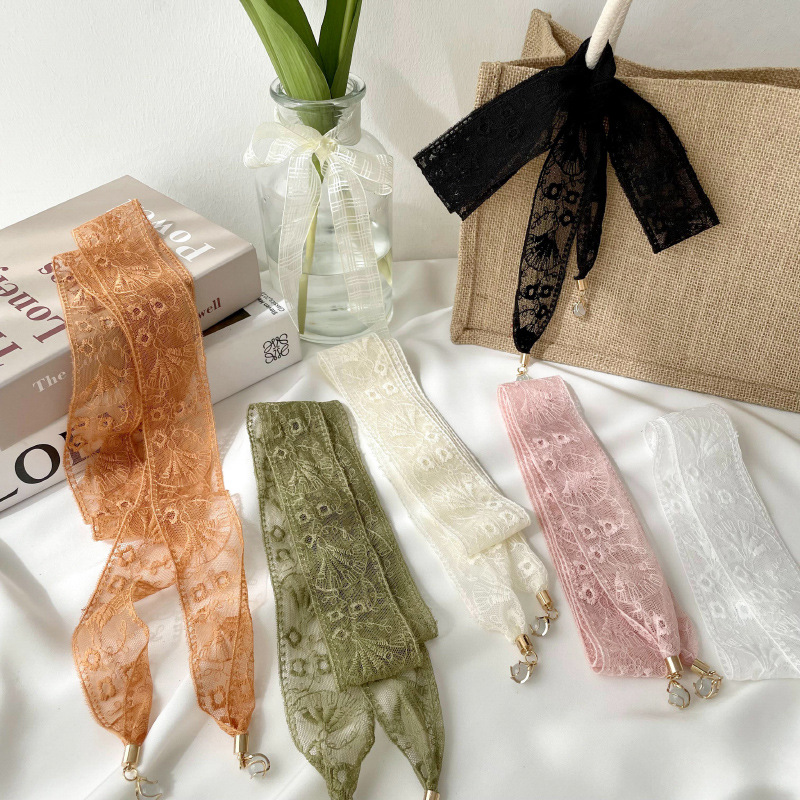 Pequeña correa de cabello personalizada nueva flor de encaje coreano decoración bufandas pequeñas bufandas delgadas colgante largo seda