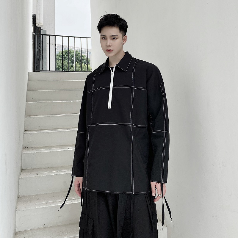 春季半拉链明线套头方领黑色卫衣个性设计感韩版衬衫长袖男士休闲