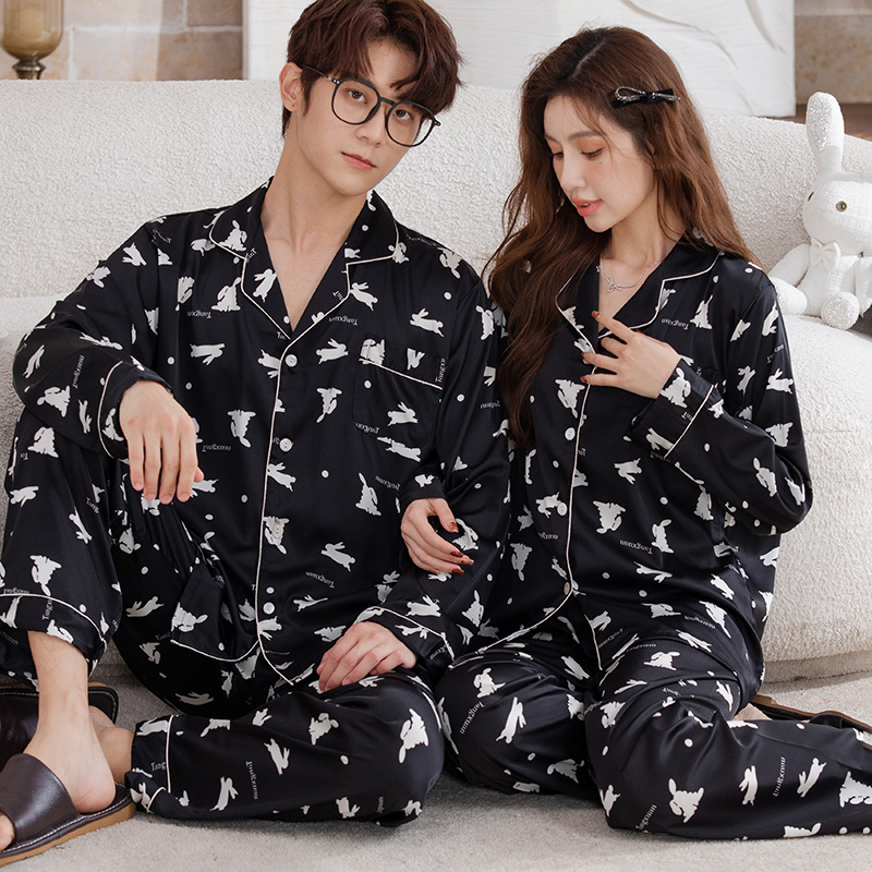 Special Price Couple Pajamas Spring and Autumn Ice Silk Women's Long Sleeve Men's suit Summer and Winter plus size Casual Printed Home Clothes