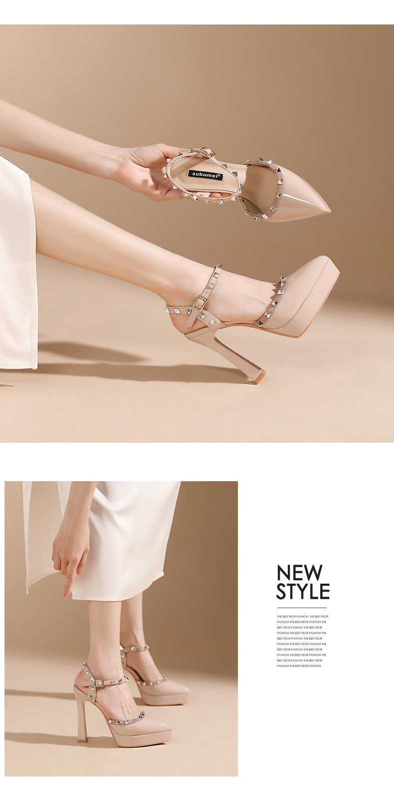 Sandal cao gót nữ mũi nhọn đinh tán gót nhọn — Màu đen chi tiết 5