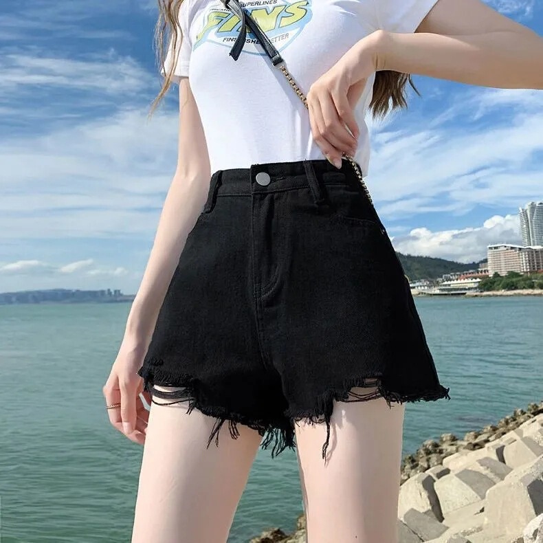 Ripped Denim Shorts for Women, Thin Style, Summer High-Waisted, Plus Size, Loose Fit, Slimming, Trendy A-Line Wide-Leg Hot Pants Ripped Denim Shorts for Women, Thin Style, Summer High-Waisted, Plus Size, Loose Fit, Slimming, Trendy A-Line Wide-Leg Hot Pants